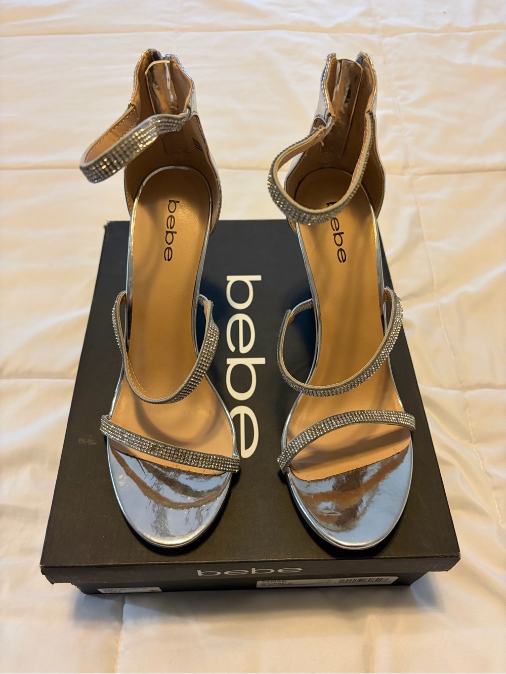 bebe Silver Rhinestone Strappy High Heels